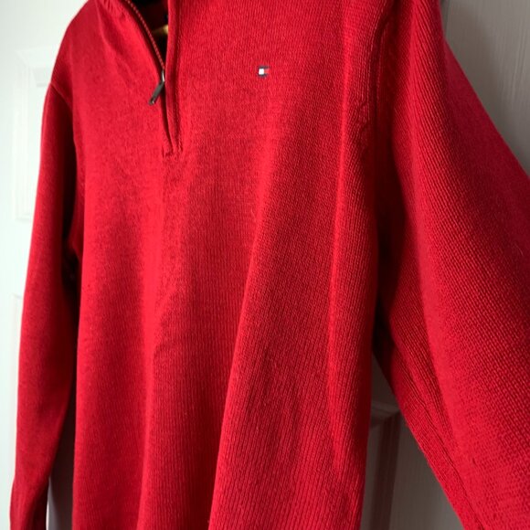 Tommy Hilfiger Men’s Red 100% Cotton Quarter-Zip Sweater – Classic Casual Style - Picture 6 of 15